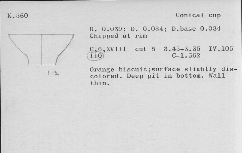 Index card with typed and handwritten information, sometimes including a sketch, of pottery from an excavation.