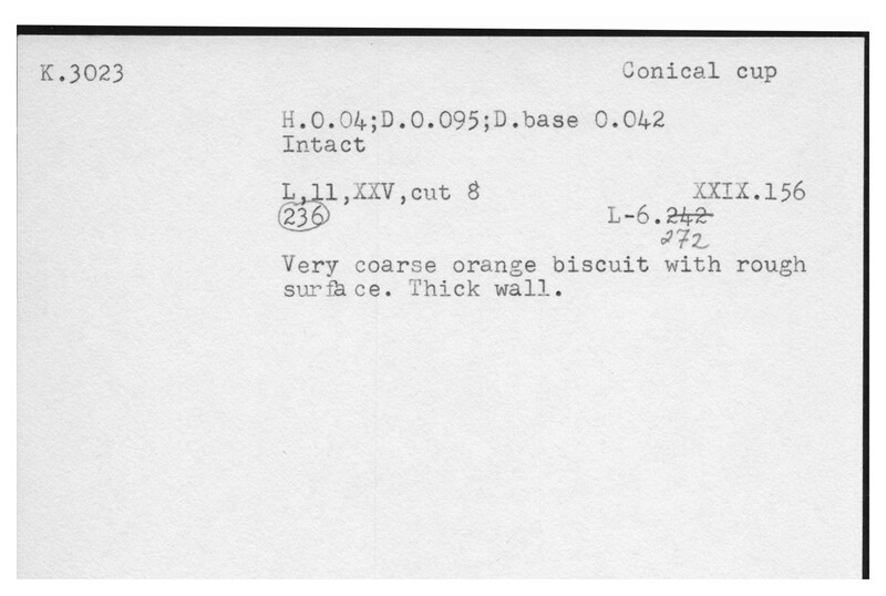 Index card with typed and handwritten information, sometimes including a sketch, of pottery from an excavation.