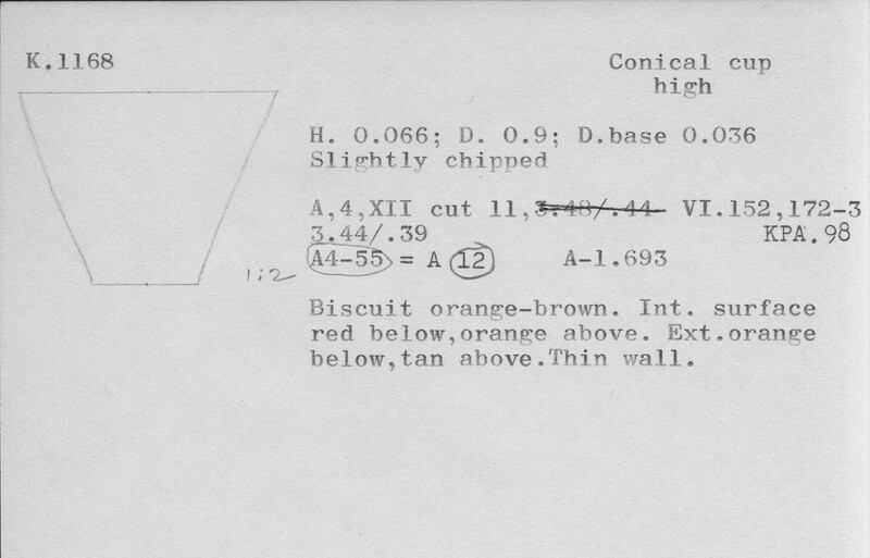 Index card with typed and handwritten information, sometimes including a sketch, of pottery from an excavation.