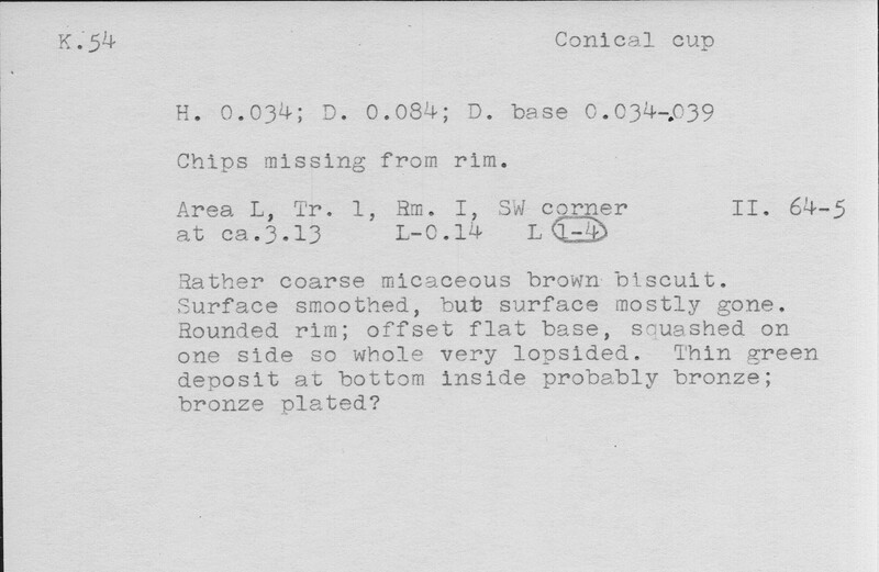 Index card with typed and handwritten information, sometimes including a sketch, of pottery from an excavation.