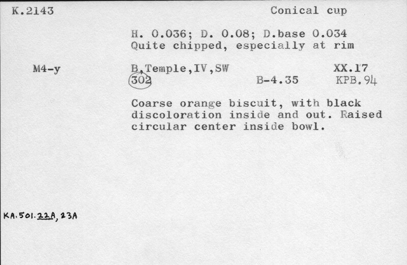 Index card with typed and handwritten information, sometimes including a sketch, of pottery from an excavation.