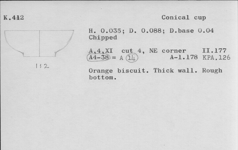 Index card with typed and handwritten information, sometimes including a sketch, of pottery from an excavation.