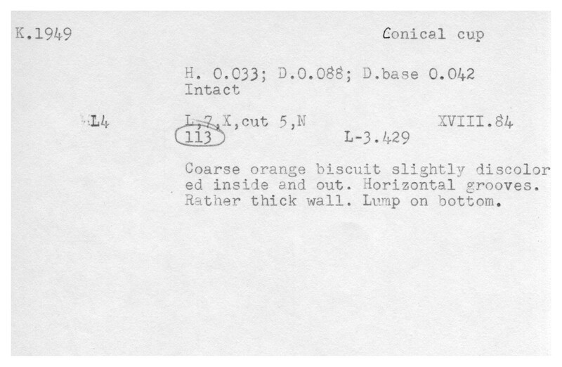 Index card with typed and handwritten information, sometimes including a sketch, of pottery from an excavation.