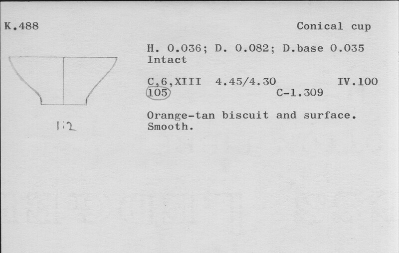Index card with typed and handwritten information, sometimes including a sketch, of pottery from an excavation.