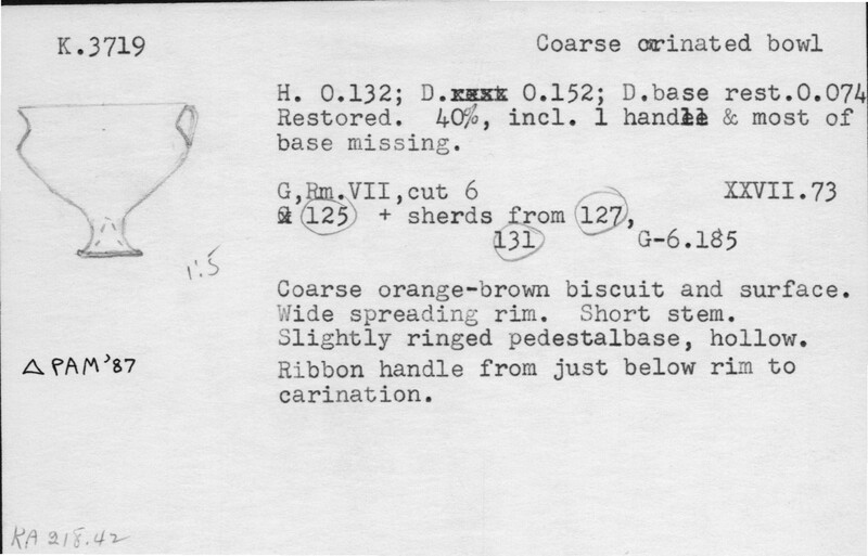 Index card with typed and handwritten information, sometimes including a sketch, of pottery from an excavation.