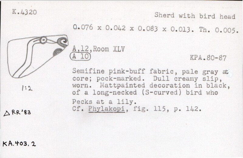 Index card with typed and handwritten information, sometimes including a sketch, of pottery from an excavation.