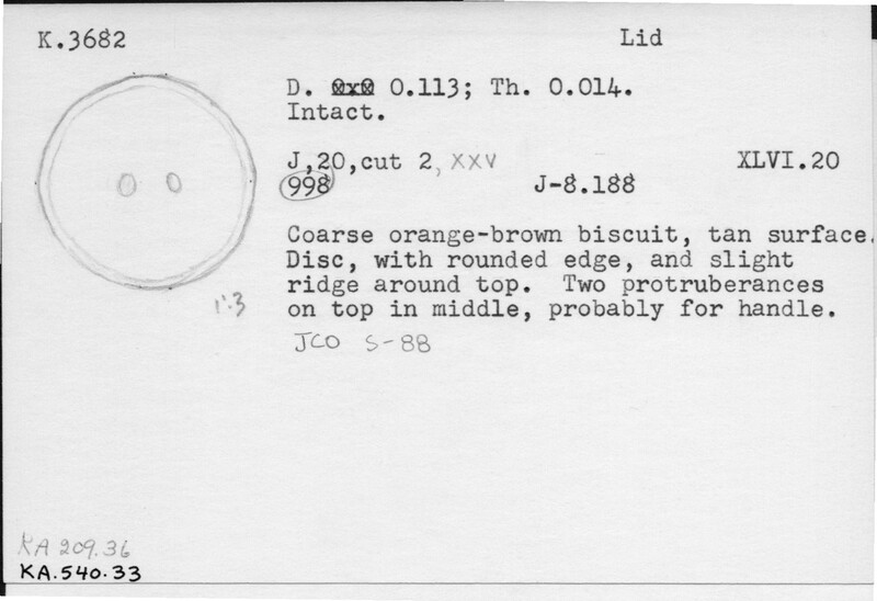 Index card with typed and handwritten information, sometimes including a sketch, of pottery from an excavation.