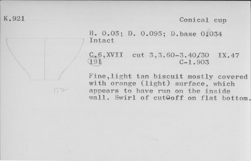 Index card with typed and handwritten information, sometimes including a sketch, of pottery from an excavation.
