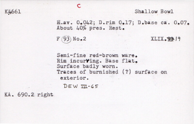 Index card with typed and handwritten information, sometimes including a sketch, of pottery from an excavation.