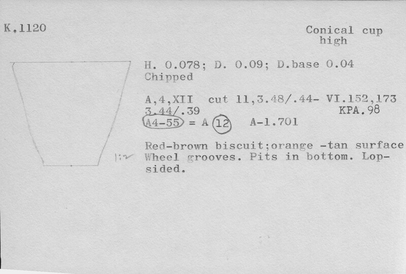 Index card with typed and handwritten information, sometimes including a sketch, of pottery from an excavation.