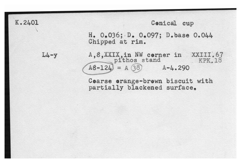 Index card with typed and handwritten information, sometimes including a sketch, of pottery from an excavation.