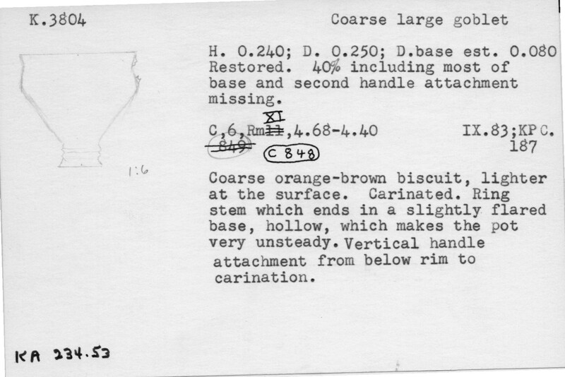 Index card with typed and handwritten information, sometimes including a sketch, of pottery from an excavation.