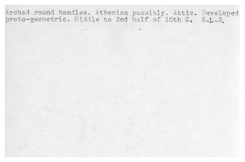 Index card with typed and handwritten information, sometimes including a sketch, of pottery from an excavation.
