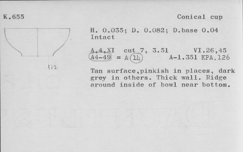 Index card with typed and handwritten information, sometimes including a sketch, of pottery from an excavation.