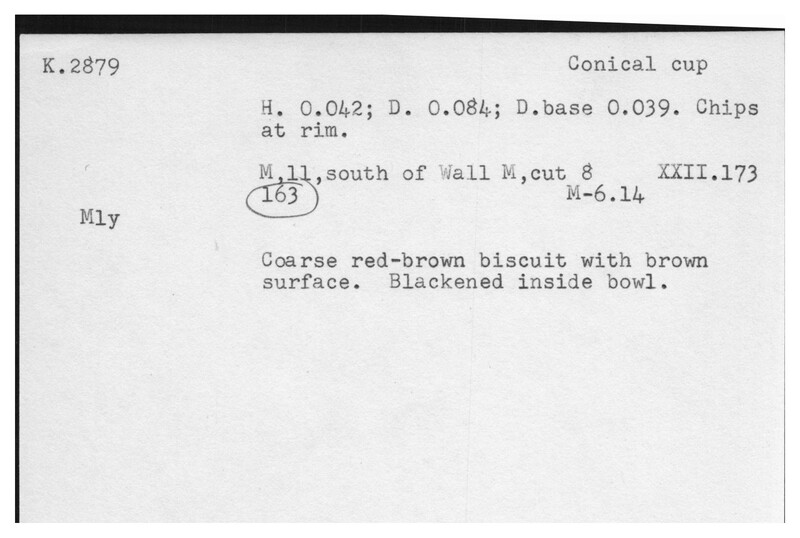 Index card with typed and handwritten information, sometimes including a sketch, of pottery from an excavation.