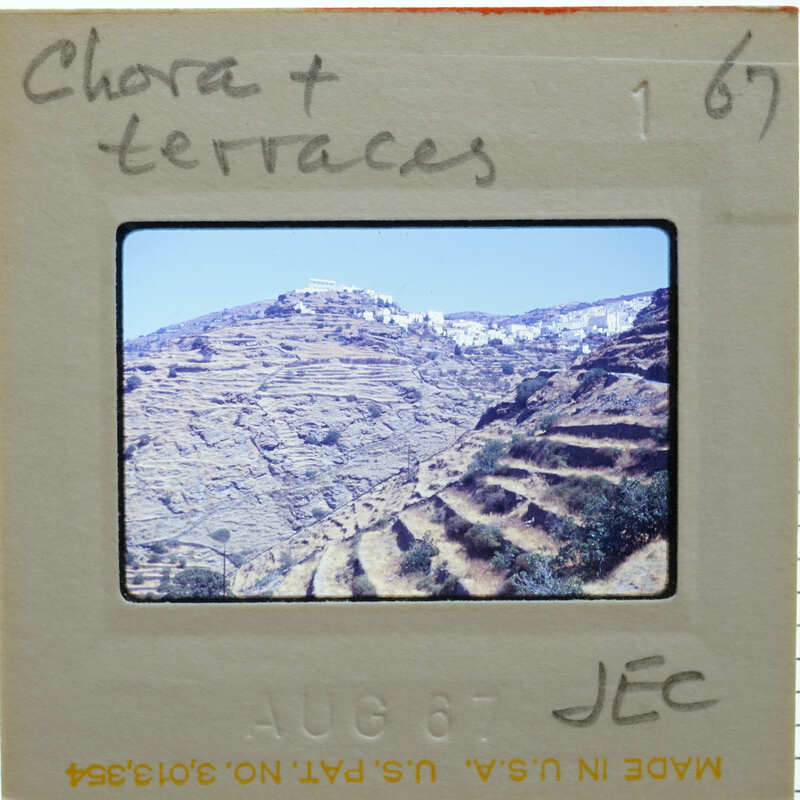 A slide of a mountainous landscape with terraces.