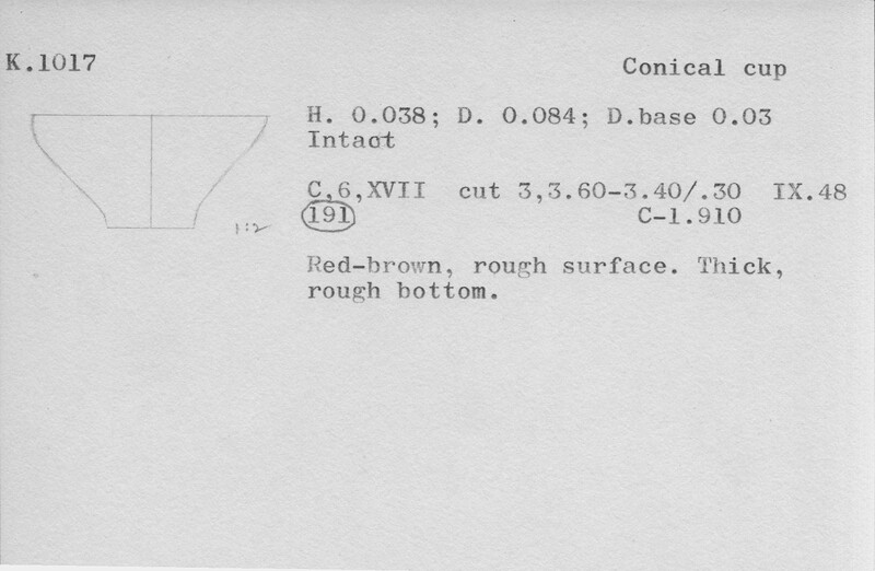 Index card with typed and handwritten information, sometimes including a sketch, of pottery from an excavation.