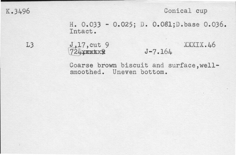 Index card with typed and handwritten information, sometimes including a sketch, of pottery from an excavation.