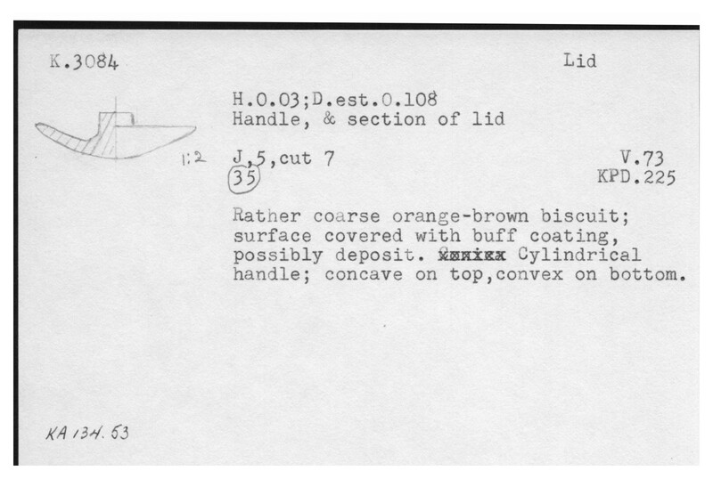 Index card with typed and handwritten information, sometimes including a sketch, of pottery from an excavation.