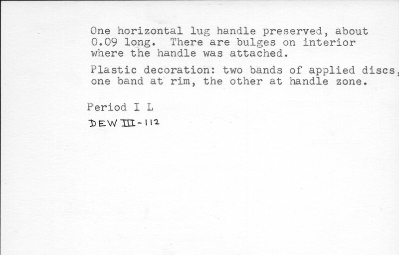 Index card with typed and handwritten information, sometimes including a sketch, of pottery from an excavation.