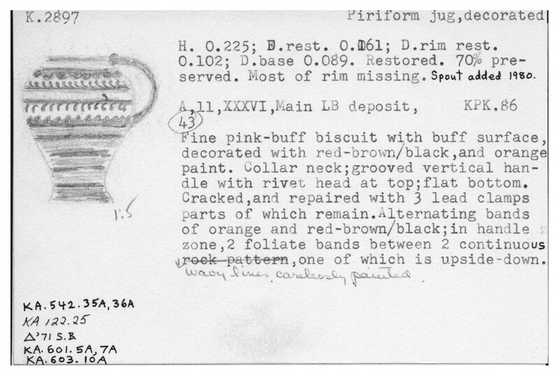 Index card with typed and handwritten information, sometimes including a sketch, of pottery from an excavation.