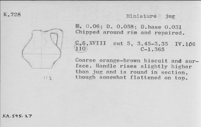 Index card with typed and handwritten information, sometimes including a sketch, of pottery from an excavation.