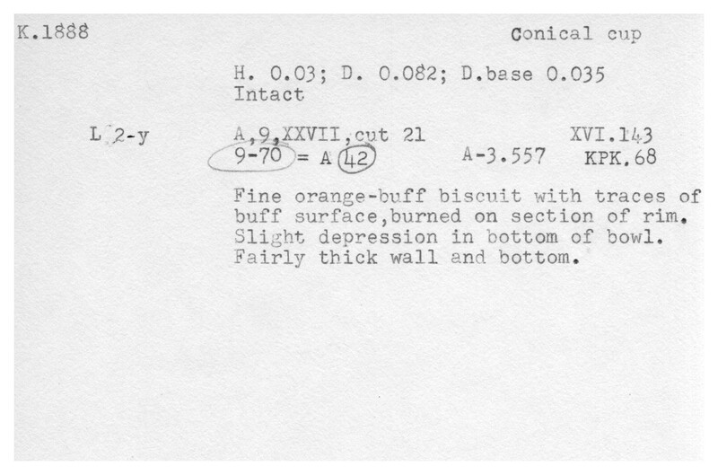 Index card with typed and handwritten information, sometimes including a sketch, of pottery from an excavation.