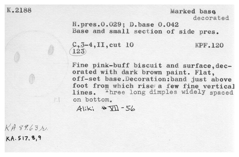 Index card with typed and handwritten information, sometimes including a sketch, of pottery from an excavation.
