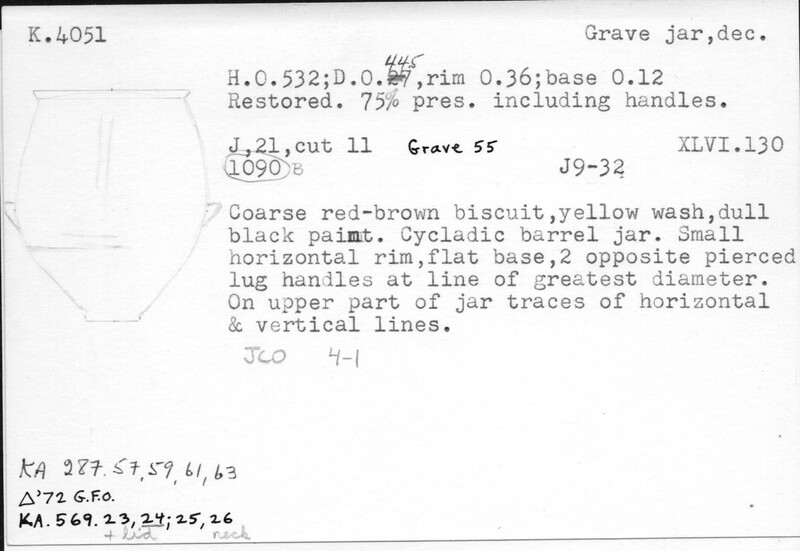 Index card with typed and handwritten information, sometimes including a sketch, of pottery from an excavation.