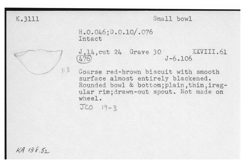 Index card with typed and handwritten information, sometimes including a sketch, of pottery from an excavation.
