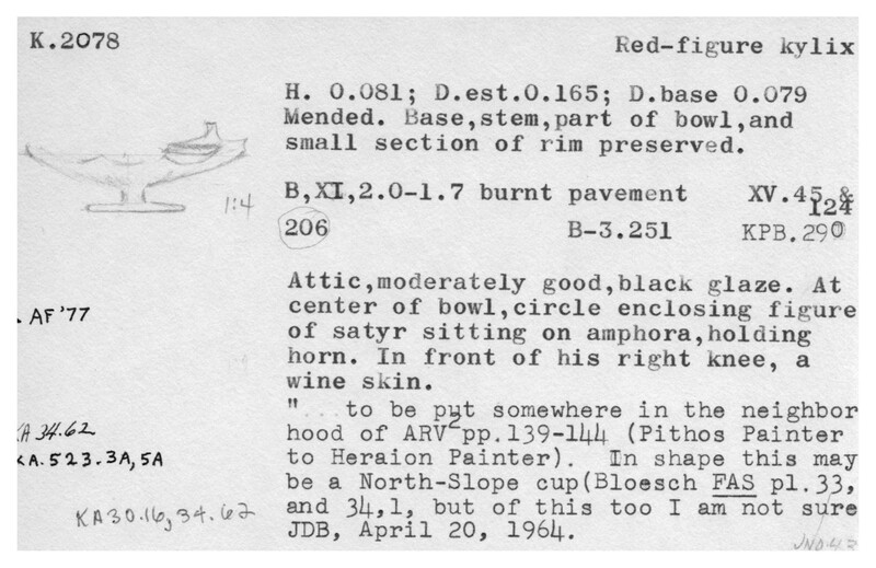 Index card with typed and handwritten information, sometimes including a sketch, of pottery from an excavation.