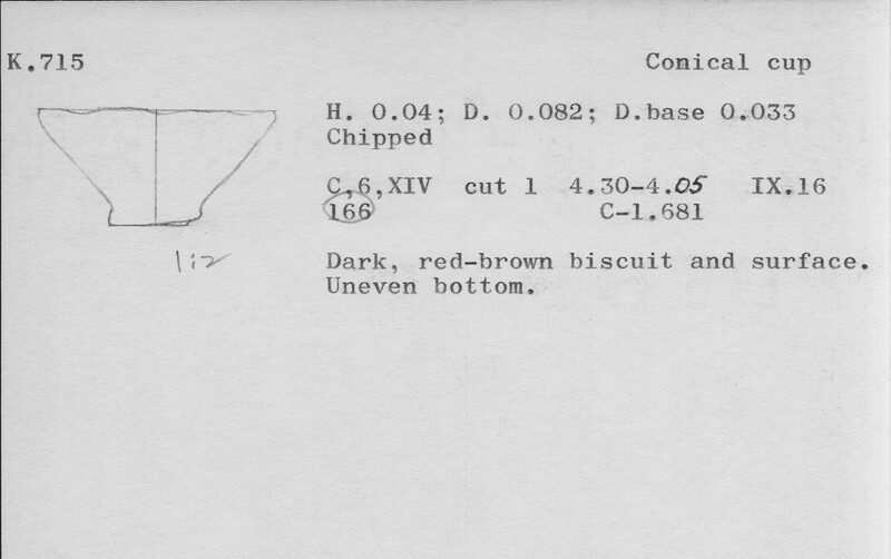 Index card with typed and handwritten information, sometimes including a sketch, of pottery from an excavation.