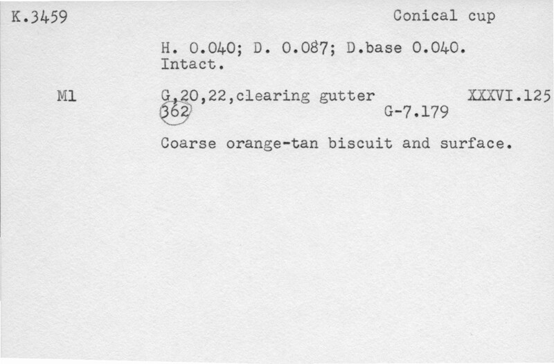 Index card with typed and handwritten information, sometimes including a sketch, of pottery from an excavation.