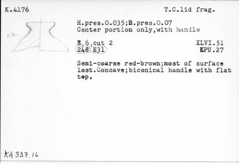 Index card with typed and handwritten information, sometimes including a sketch, of pottery from an excavation.