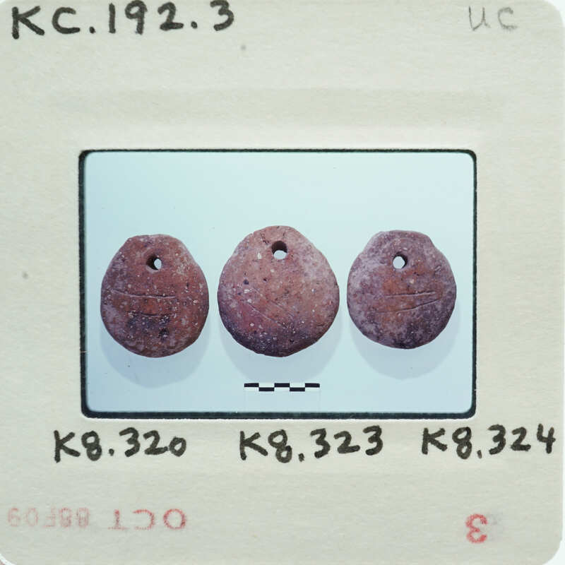 The image shows three small, round objects with a hole through their centers, displayed on a white surface with labels and numbers indicating they are part of an archaeological or historical collection.