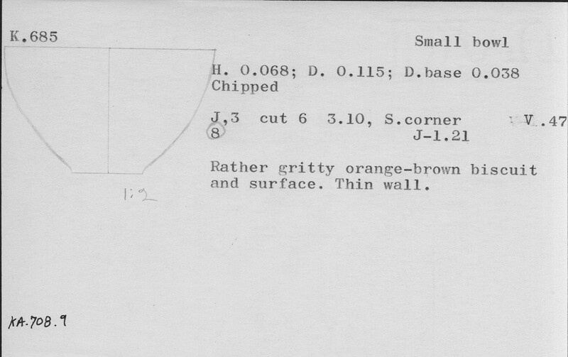 Index card with typed and handwritten information, sometimes including a sketch, of pottery from an excavation.