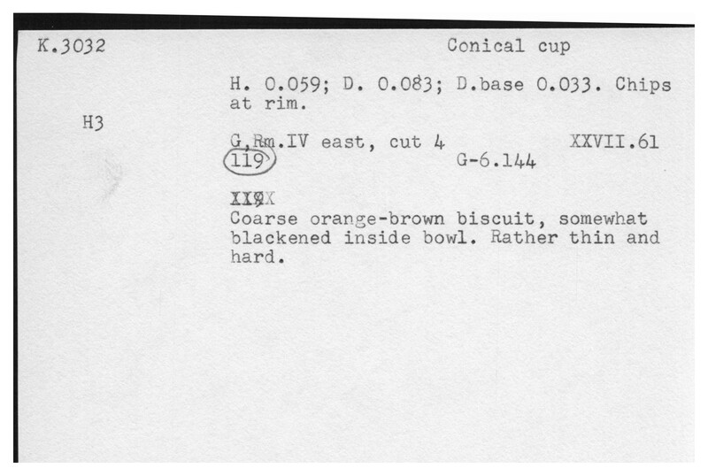 Index card with typed and handwritten information, sometimes including a sketch, of pottery from an excavation.