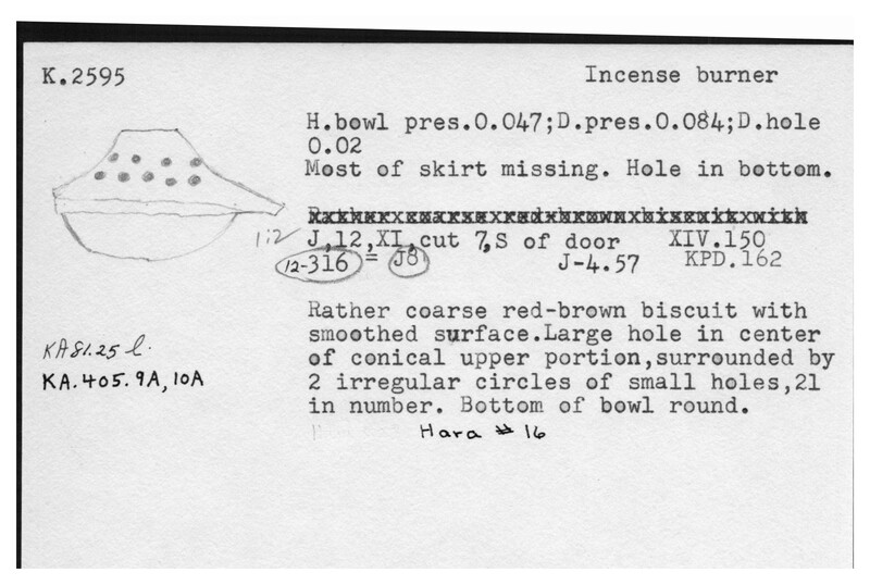 Index card with typed and handwritten information, sometimes including a sketch, of pottery from an excavation.