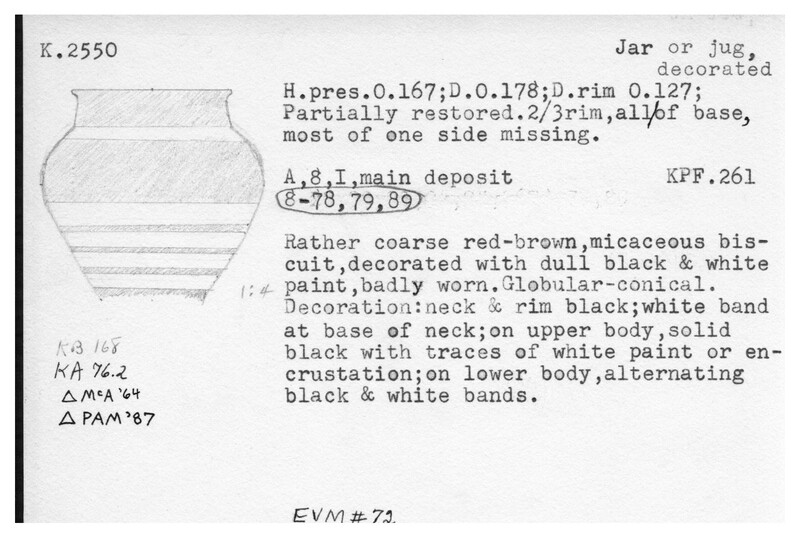 Index card with typed and handwritten information, sometimes including a sketch, of pottery from an excavation.