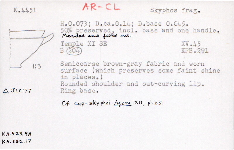 Index card with typed and handwritten information, sometimes including a sketch, of pottery from an excavation.