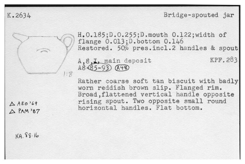 Index card with typed and handwritten information, sometimes including a sketch, of pottery from an excavation.