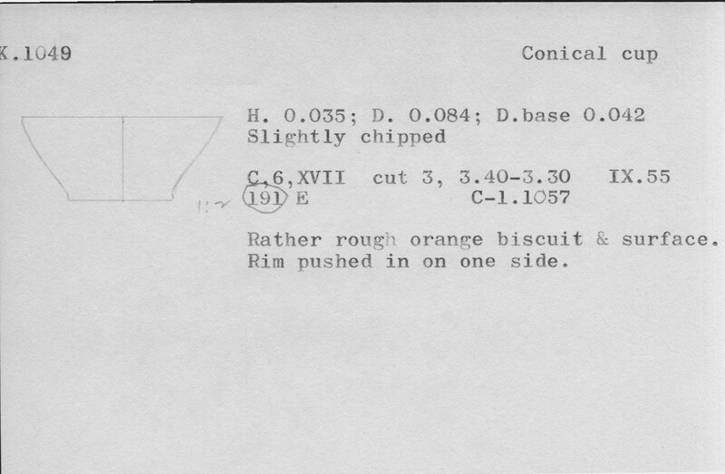 Index card with typed and handwritten information, sometimes including a sketch, of pottery from an excavation.