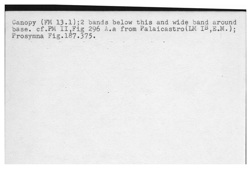 Index card with typed and handwritten information, sometimes including a sketch, of pottery from an excavation.