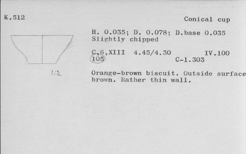 Index card with typed and handwritten information, sometimes including a sketch, of pottery from an excavation.