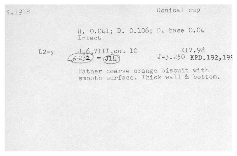 Index card with typed and handwritten information, sometimes including a sketch, of pottery from an excavation.