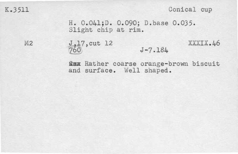 Index card with typed and handwritten information, sometimes including a sketch, of pottery from an excavation.