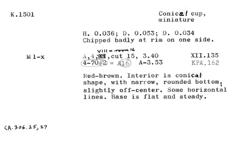 Index card with typed and handwritten information, sometimes including a sketch, of pottery from an excavation.
