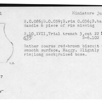 Index card with typed and handwritten information, sometimes including a sketch, of pottery from an excavation.