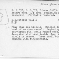 Index card with typed and handwritten information, sometimes including a sketch, of pottery from an excavation.