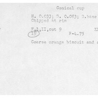 Index card with typed and handwritten information, sometimes including a sketch, of pottery from an excavation.